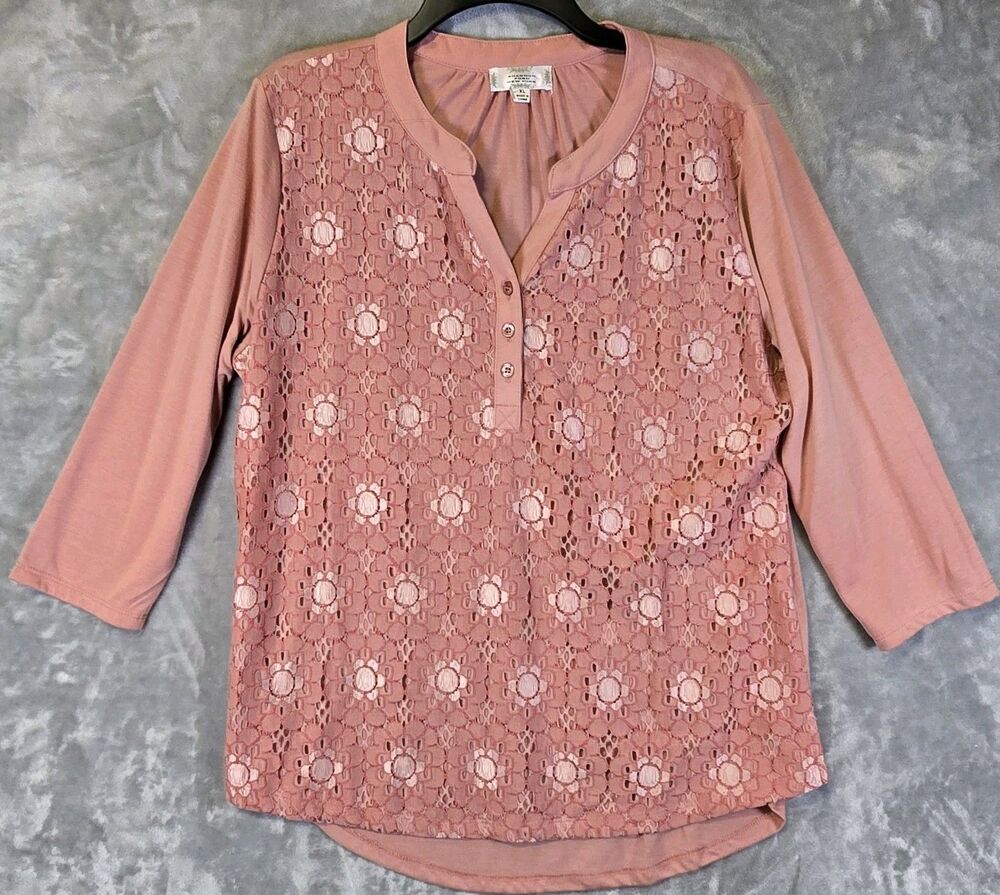 NWOT Shannon Ford New York Blush Pink Lace Front Top Stretch 3/4 Sleeve XL Lined